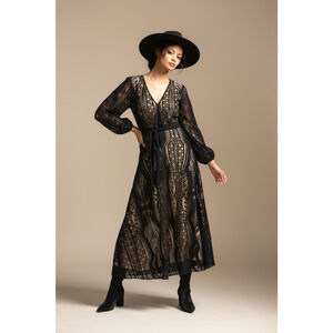 Farm Rio X Anthropologie Devore Maxi Dress V Neck Black Small Boho Chic